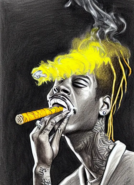 Prompt: classroom sketch of wiz khalifa smoking cigar, eldritch horror, surreal black and yellow, shading, high detail