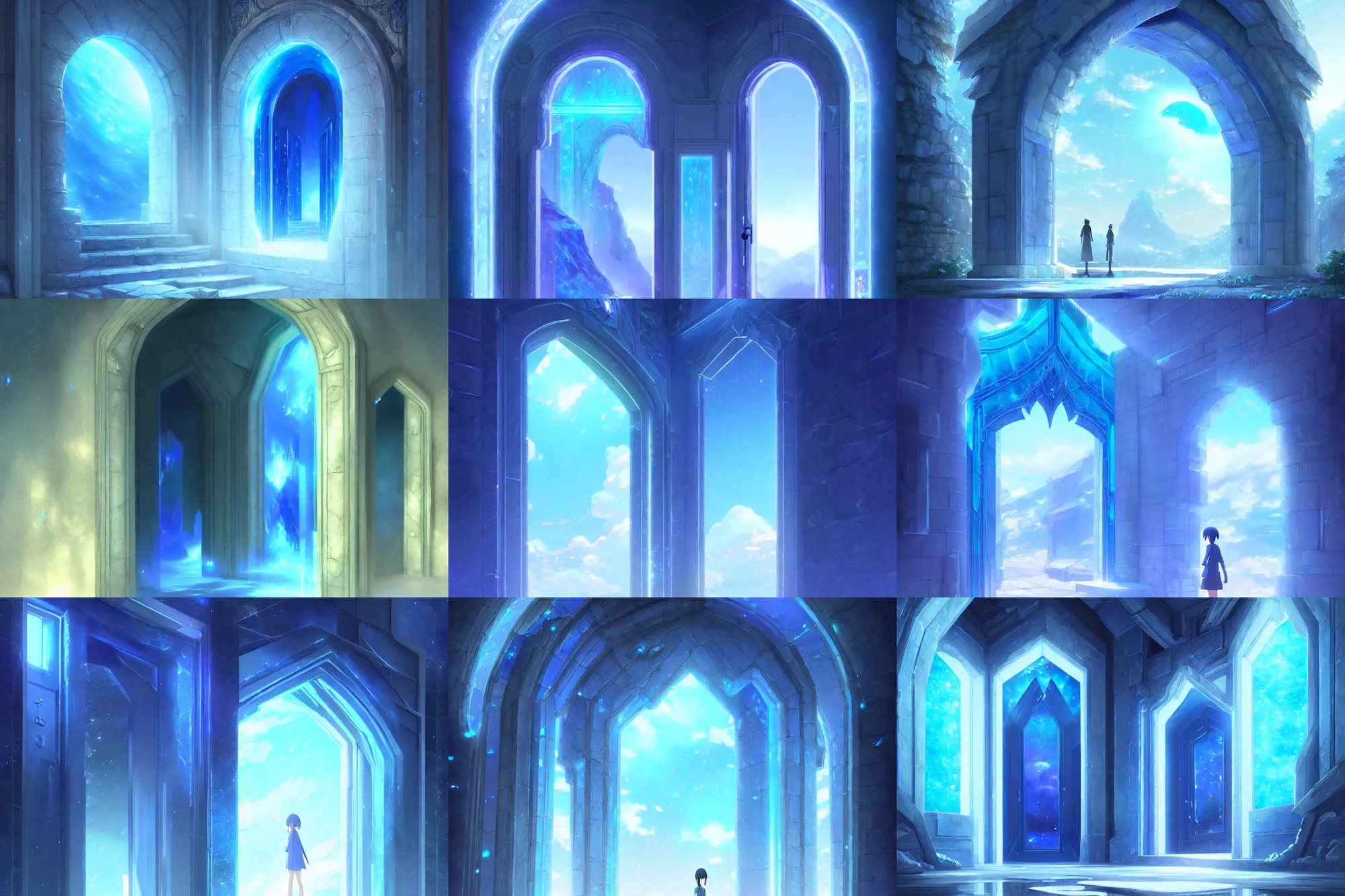 Prompt: an interedimensional doorway made of blue crystal, a fantasy digital painting by makoto shinkai and james gurney, trending on artstation, highly detailed