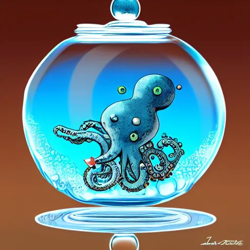 Image similar to a clear teapot with an ocean inside with octopus, sea monsters, fish, coral, and seaweed, highly detailed, 8 k, trending on artstation, award - winning art,