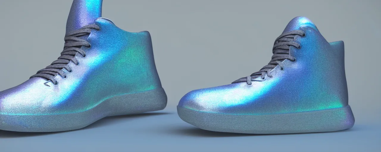 Prompt: a hight tech, iridescent sneaker made by kayne, octane render, high details, soft light