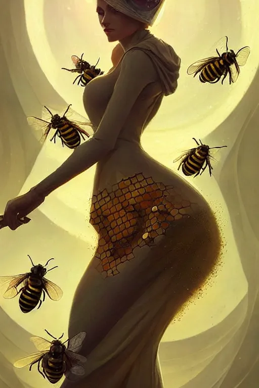 Image similar to fantasy beekeeper, stunning woman, wearing nanotech honeycomb robe, silky, surrounded by bees, futuristic, sci-fi, cinematic, greg rutkowski, peter mohrbacher