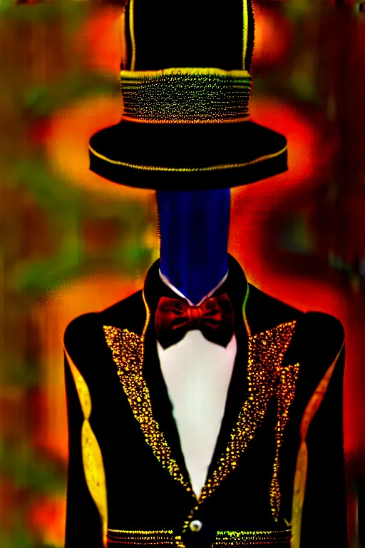 Prompt: black leather and embroidered Lolita dapper bespoke avant-garde tuxedo in velvet, black and gold rich color, dramatic cinematic lighting, featured on Artstation, extremely detailed by Lisa Frank