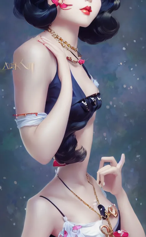 Image similar to a pin up and beautiful fashion charming dreamlke korea girl with lv jewelry, character art, art by artgerm lau and kyoung hwan kim and and ilya kuvshinov and john singer sargent, hyperdetailed, 8 k realistic, symmetrical, frostbite 3 engine, cryengine, dof, trending on artstation, digital art