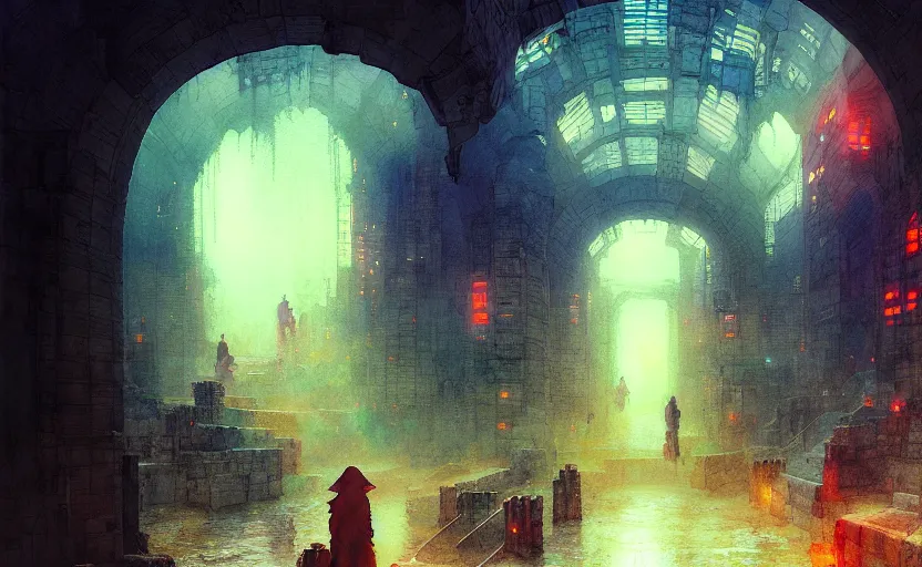 Image similar to subterranean city. intricate, amazing composition, colorful watercolor, by ruan jia, by maxfield parrish, by marc simonetti, by hikari shimoda, by robert hubert, by zhang kechun, illustration, gloomy, volumetric lighting, fantasy