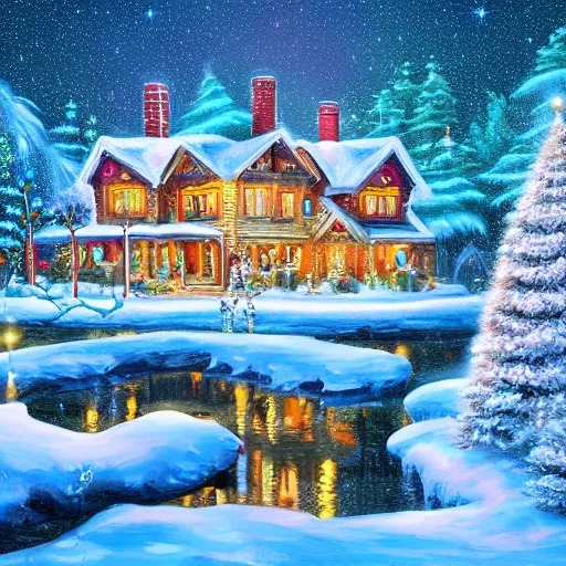 Prompt: fancy treehouse style mansion at the north pole decorated for christmas on snowy winter background, detailed luminescent oil painting 4 k