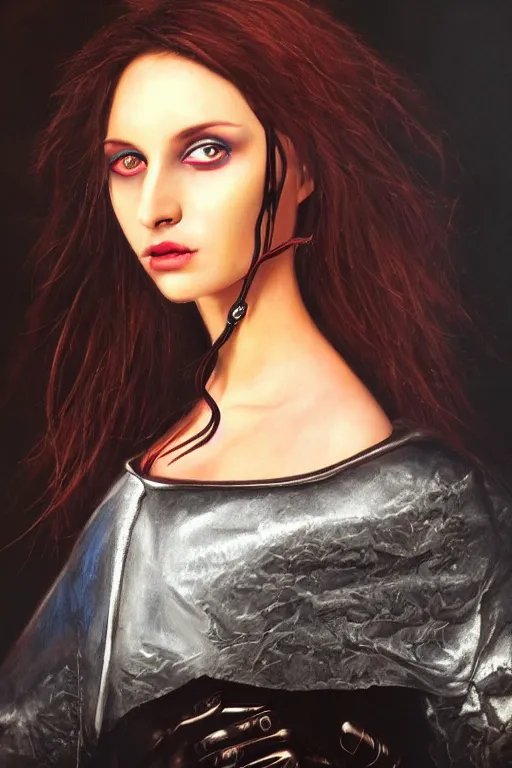 Image similar to hyperrealism oil painting, close - up portrait of european medieval brunette vampire fashion model, knight, steel gradient mixed with nebula sky, in style of baroque