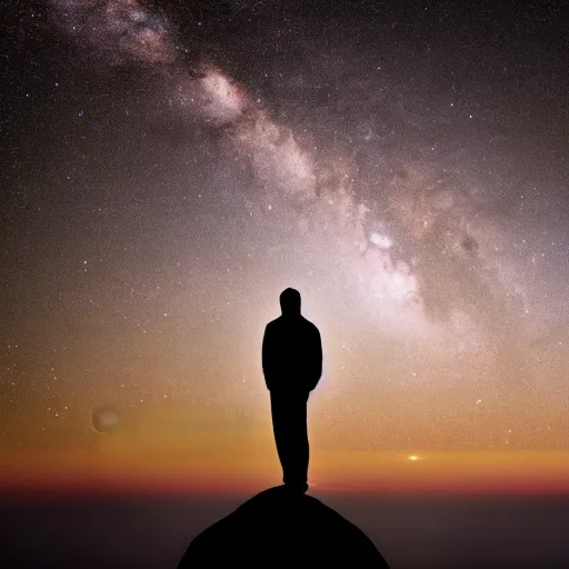 Image similar to 4K ultra HD detailed award-winning wallpaper silhouette of lonely man standing looking at Earth from far away huge vast sky universe