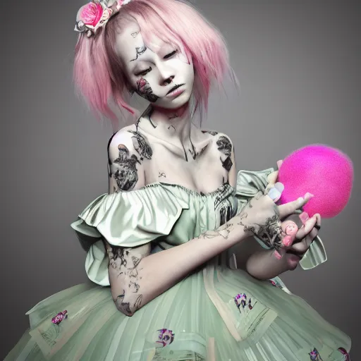 Image similar to 8 k, octane render, realism, tonalism, renaissance, rococo, baroque, cotton candy, portrait of a creepy young lady wearing long - harajuku manga - dress with flowers and skulls