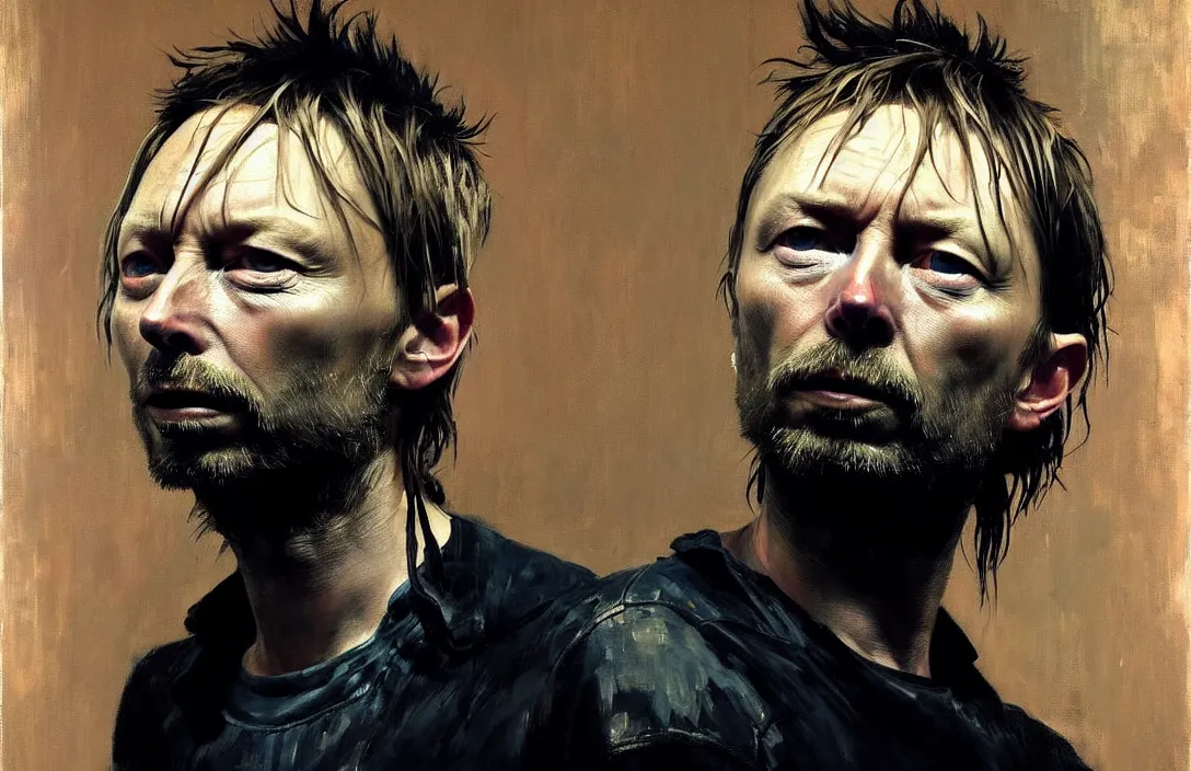 Image similar to portrait of thom yorke!!!!!!!!!!!!!!!!!!!!!!!!!!!, detailed face, detailed painting, epic lighting, by ilya repin, phil hale and kent williams