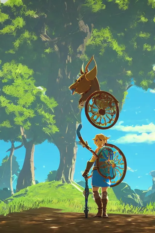 Image similar to in game footage of link from the legend of zelda breath of the wild riding a unicycle, breath of the wild art style.