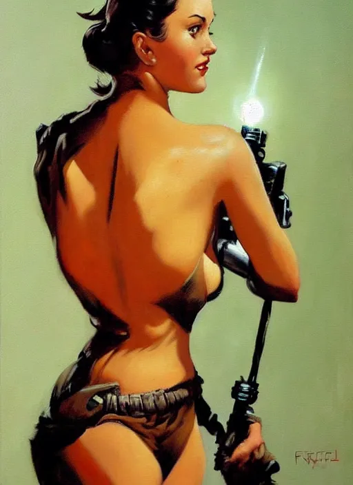Prompt: oil painting of Rey by frank frazetta alluring pin up deviant art seductive star wars