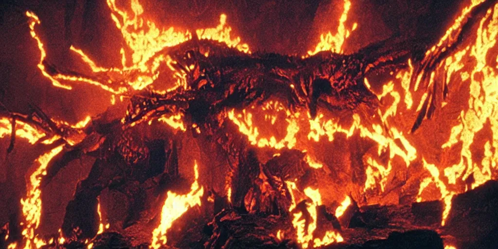 Prompt: A full color still from a Stanley Kubrick film featuring a Balrog made of flames in the fancy mines Moria, practical effects, 35mm, 1975