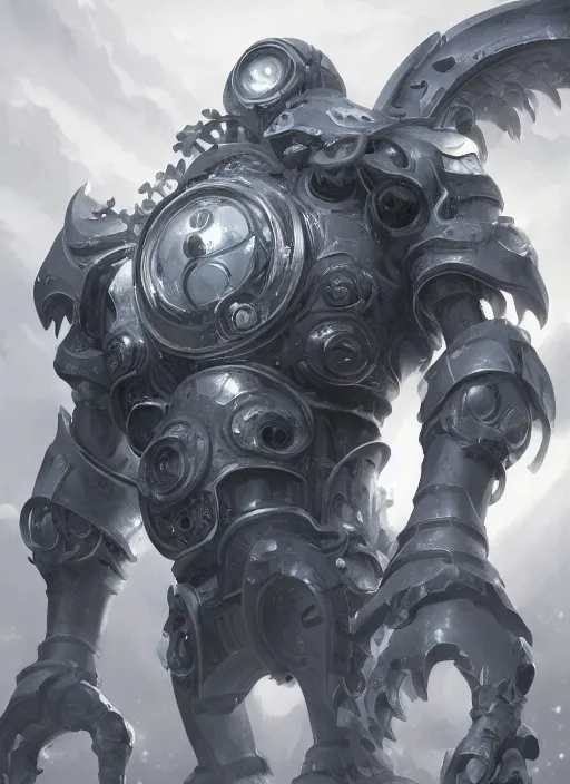 Image similar to a highly detailed illustration of colossal silver mechanical giant, with big glowing iron giant eyes, gentle calm doting pose, intricate, elegant, highly detailed, centered, digital painting, artstation, concept art, smooth, sharp focus, league of legends concept art, WLOP