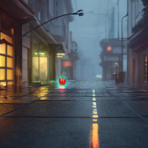 Image similar to kitten walks the empty street in a rainy day, led lights around the place, digital painting, ultra detailed, unreal engine 5,