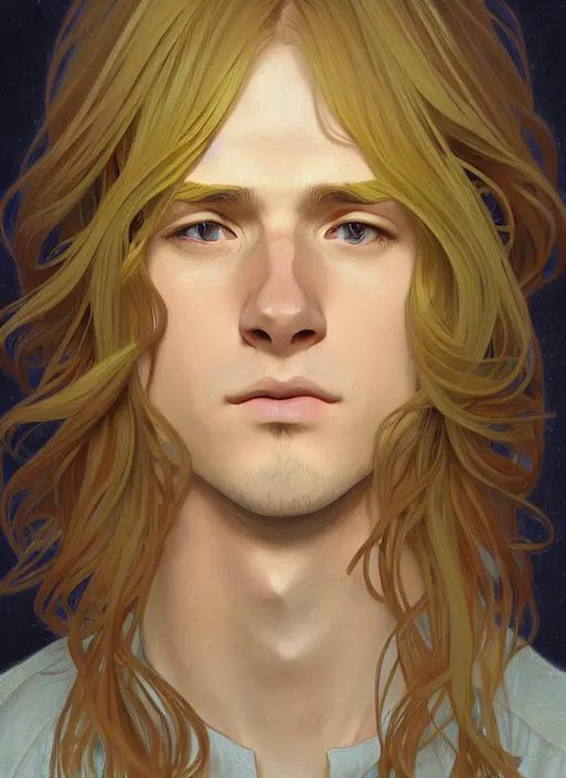 Image similar to pretty young man with shoulder length shiny shimmering golden blond hair, head down, shy, sad, scared, path traced, highly detailed, high quality, digital painting, by studio ghibli and alphonse mucha, leesha hannigan, disney