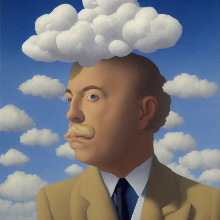Prompt: portrait of a cloud man in a suit by rene magritte, detailed painting, hd, hq, high resolution, high detail, 4 k, 8 k