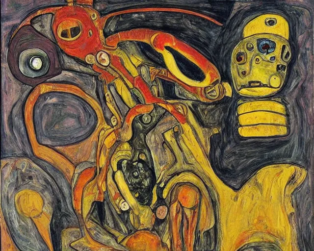 Image similar to a painting of a aliens and robots by graham sutherland, egon schiele, expressionism