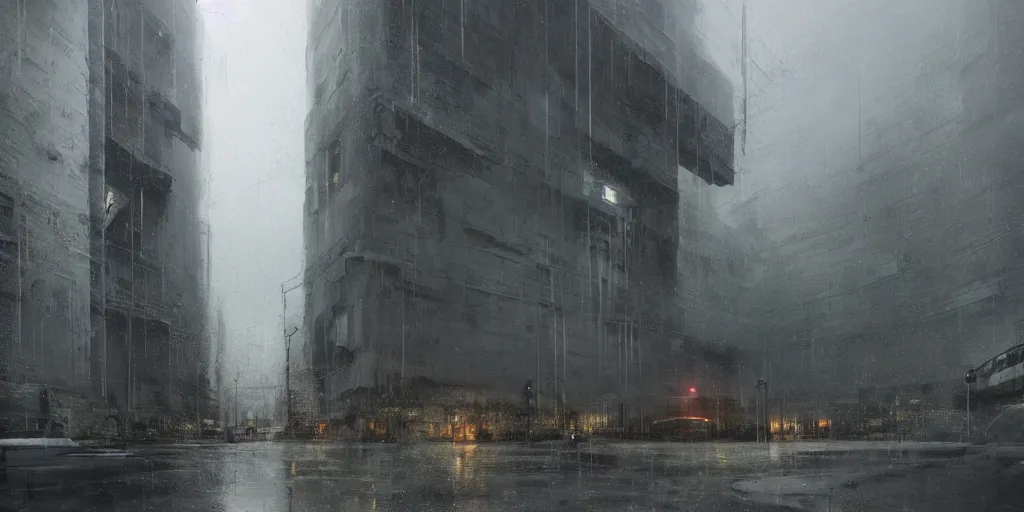 Prompt: brutalist architecture, rainy day, ominous evening, matte painting by greg rutkowski and craig mullins