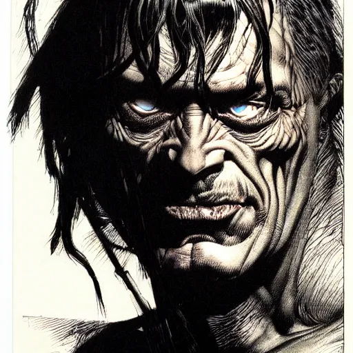 Prompt: medium portrait dark soft light, by killian eng and bernie wrightson and simon bisley, inspired by 2 0 0 0 ad, etching, fine, sharp high detail,