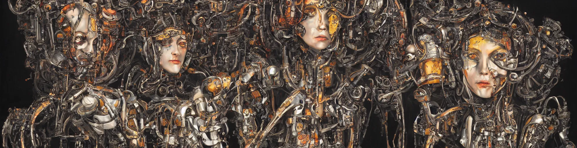 Prompt: queen baroque expressionist cyborg machine goddess, detailed portrait, hd 4k very detailed high dynamic range denoised smoothed upscaled, varnished oil paint on black background with pastel paint splashes in background by katsuhiro otomo