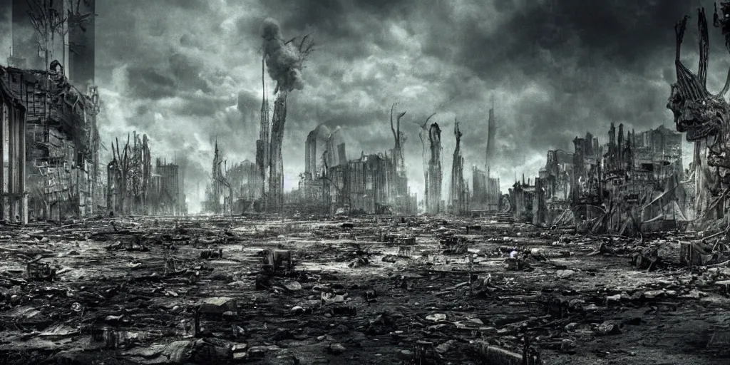 Image similar to a melancholic post-apocalyptic city destroyed by nuclear war, mutants creatures swarming, 35mm, 8k, cinematic lighting, hd wallpaper, HR Giger, atmosphere of silent hill