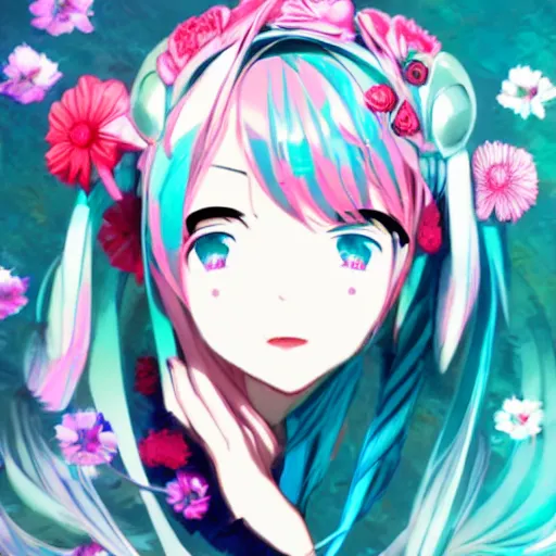 Prompt: flowers, art, Hatsune Miku, Vocaloid