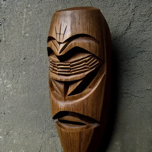 Image similar to tiki mask, carved wood, photo, surrealistic, creepy, dark, epic, cinematic, style of atget, detailed