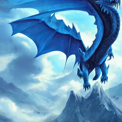 Image similar to huge blue dragon in flight by plutus su and chris scalf and lucas graciano and billy christian and alex konstad and mark zug, mountains, blue and white color palette, painting, d & d, fantasy, detailed, realistic, complimentary colors, light, artstation, cinematic, dramatic lighting, close up