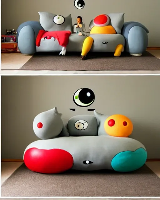 Image similar to an antropomorphic sofa by studio ghibli, googly eyes, cute, anime artstyle