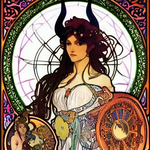 Image similar to a finely detailed beautiful!!! feminine alchemical engraving of The Baphometress by Alphonse Mucha, legendary masterpiece, stunning!, saturated colors, black background, full body portrait, zoomed out to show entire image, trending on ArtStation