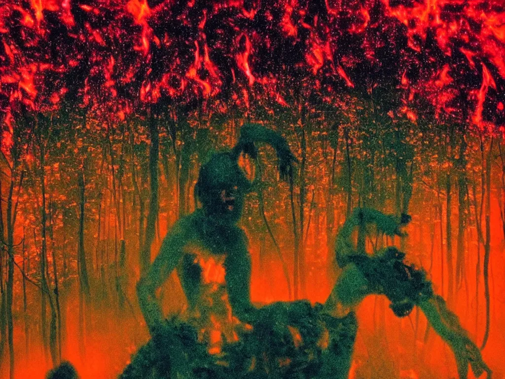 Image similar to “A Tiktok influencer dancing with a forest fire in the background, fleshy, deliquescence, dystopian realm, glitch, texturized, in the style of Harmony Korine”