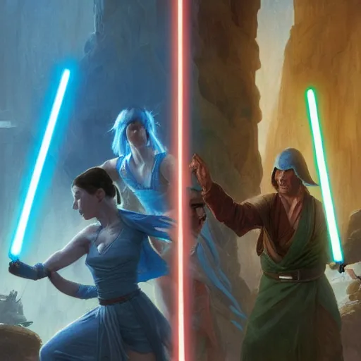 Image similar to jedi battle versus smurfs by Stanley Artgerm Lau, greg rutkowski, thomas kindkade, alphonse mucha, loish, norman Rockwel