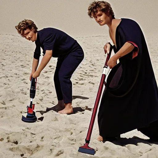 Image similar to Anakin Skywalker vacuuming the beach to remove sand