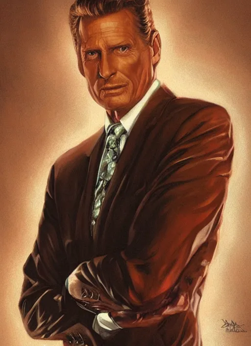 Prompt: portrait of Robert Stack from Unsolved Mysteries, highly detailed, centered, solid color background, digital painting, artstation, concept art, smooth, sharp focus, illustration, Jason Edmiston, donato giancola, Joseph Christian Leyendecker, Les Edwards, Ed Repka, WLOP, Artgerm