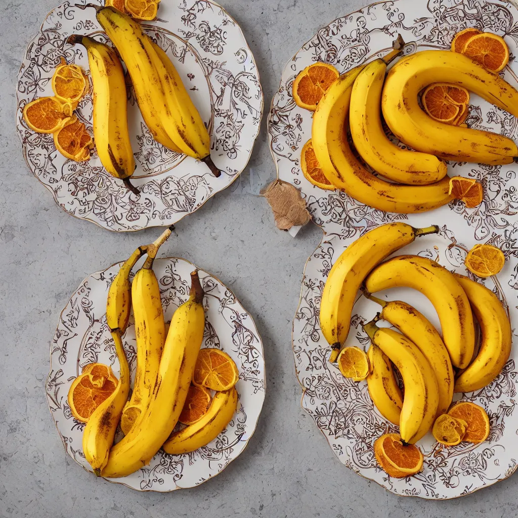 Image similar to very long roasted bananas with cut orange slices, on art nouveau embroidered designer plate with flowery pattern closeup, hyper real, food photography, high quality