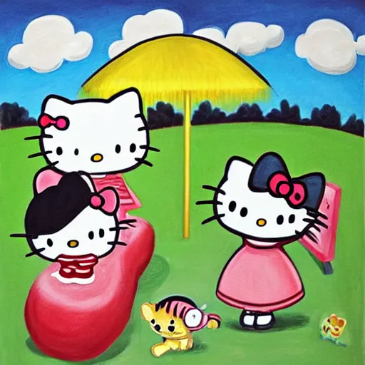 Image similar to painting of hello kitty and kuromi and hello kitty friends playing outside on a sunny day, by yoko shimizu, by sanrio