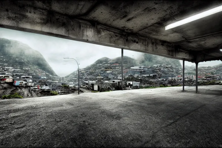 Image similar to favela parking garage hangar, arid environment, industrial factory, cliffs, gloomy, milky way, award winning art, epic dreamlike fantasy landscape, ultra realistic,