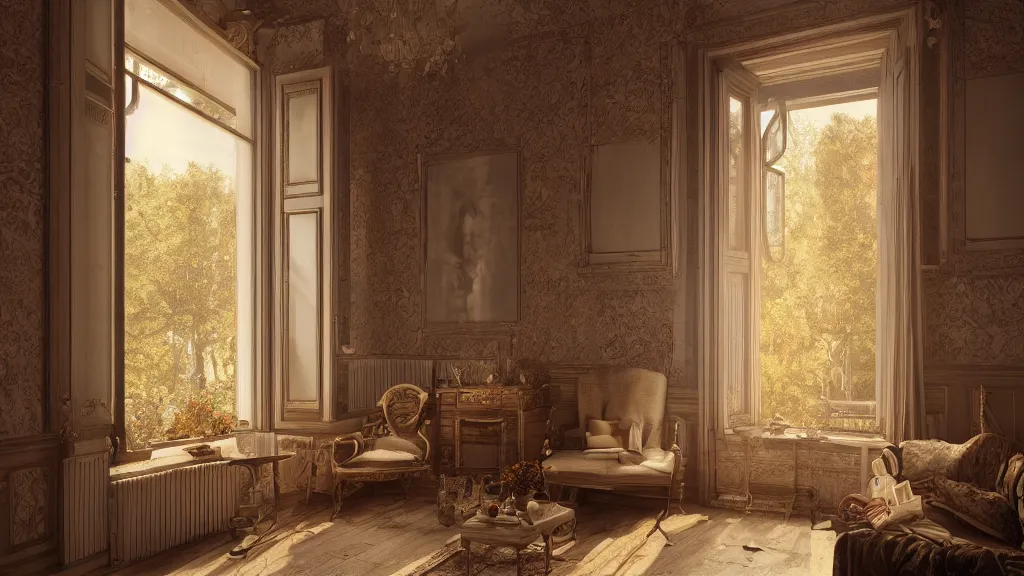 Prompt: richly decorated Victorian house, beautiful, detailed wood, photorealistic, photorealism, the autumn light comes in through a window, diffuse light, octane render