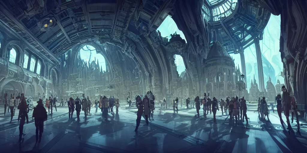 Prompt: cel shaded cinematic shot of the interior of a sci-fi space station with ornate architecture bustling with people and flying cars, epic castle, gothic architecture, emerald, crystalline, detailed illustration, sharp focus, concept art, unreal engine, octane render, god rays