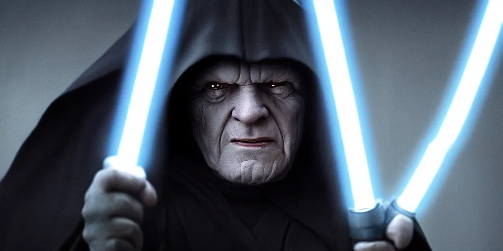 Image similar to darth sidious with lightsaber, heavy rain, lightning, moody lighting, shallow depth of field,