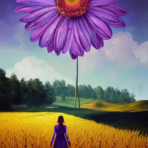 Image similar to giant purple daisy flower as a head, girl walking in wheat field, hills, surreal photography, dark night, star trails, dramatic light, impressionist painting, clouds, digital painting, artstation, simon stalenhag