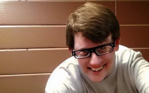 Prompt: white boy with brown hair and glasses throwing a video game into a toilet, scott wozniak, scott the woz!!!!!!, blue border around image