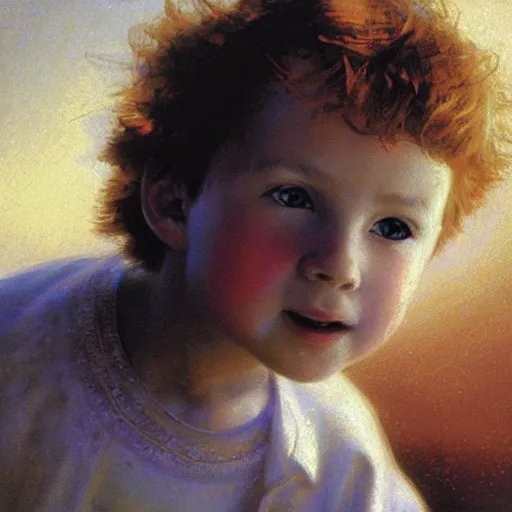 Image similar to a young boy with cherubic features including blond hair and blue eyes strands as the second messiah. A light shines down on him from Heaven. By Nikolay Makovsky, Craig Mullins, Katsuhiro Otomo