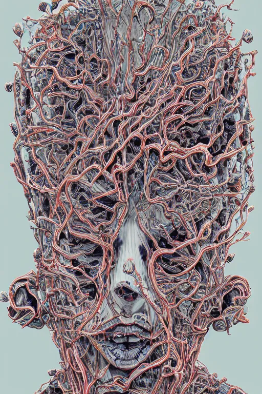 Image similar to Body breaking apart, Conjuring Psychedelic Illustration by Shintaro Kago, ultra realistic, highly detailed, beautiful detailed intricate insanely detailed octane render trending on Artstation, symmetrical, grotesque, 8K artistic photography,