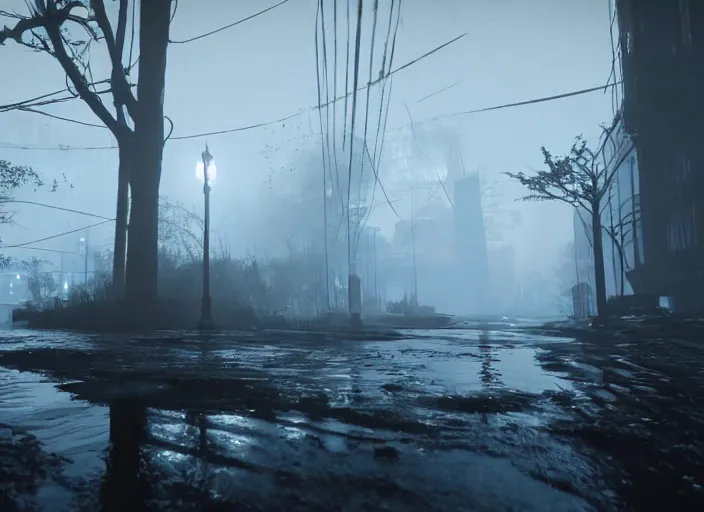 Image similar to dark, misty, foggy, flooded new york city street swamp in Destiny 2, liminal creepy, dark, dystopian, abandoned highly detailed 4k 60fps in-game destiny 2 screenshot gameplay showcase