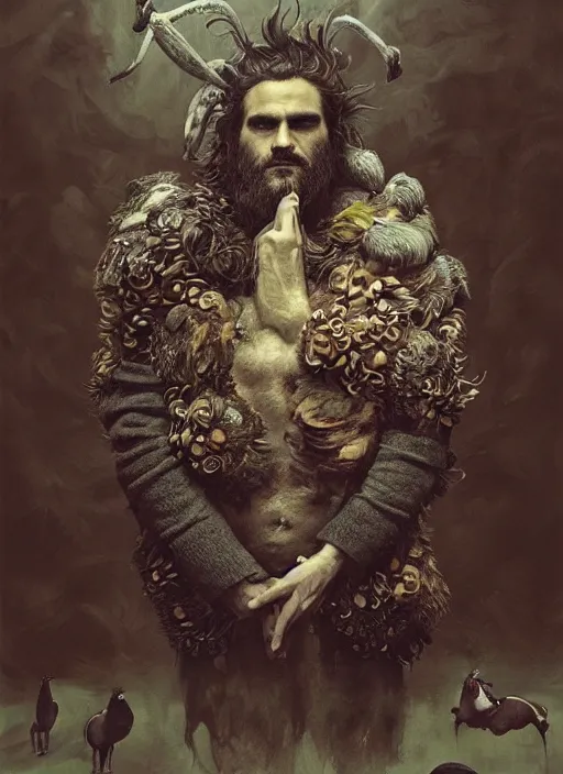 Image similar to a hyper detailed painting of joaquin phoenix surrounded by animals, cow horns, pig nose, sheep wool, chicken feather armor, horror, by anna podedworna, by miklos ligeti, by diego maricato, by taran fiddler, by antonino truisi, by chris reddie, by jinsung lim, trending on artstation