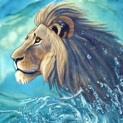 Image similar to a male lion's face breaching through a wall of water, water sprites, splashing, deep blue water color, highly detailed