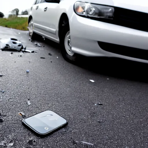 Image similar to car accident, totalled cars, thousands of broken phones on asphalt, cracked iPhone screen, photo