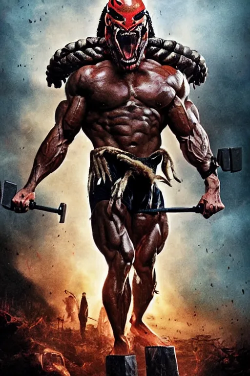 Image similar to movie poster of a french crossfitter with Arnold Schwarzenegger in original 1986 Predator, high definition, mattepainting in the style of AVENGERS movie poster