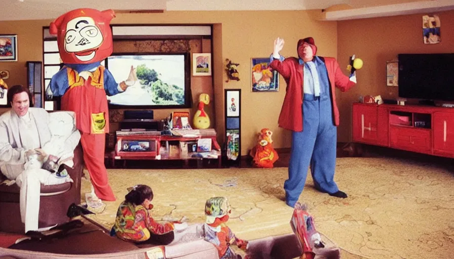 Image similar to 1990s candid 35mm photo of a beautiful day in the family living room, cinematic lighting, cinematic look, golden hour, a very large, oversized Japanese magical costumed car salesman mascot is hanging out of the TV and aggressively trying to sell the family and kids a sports car by force, the costumed salesman is a very large giant, he has fancy decorations on his costume, there is an expensive sports car in the living room with the family, sports car in the room, UHD